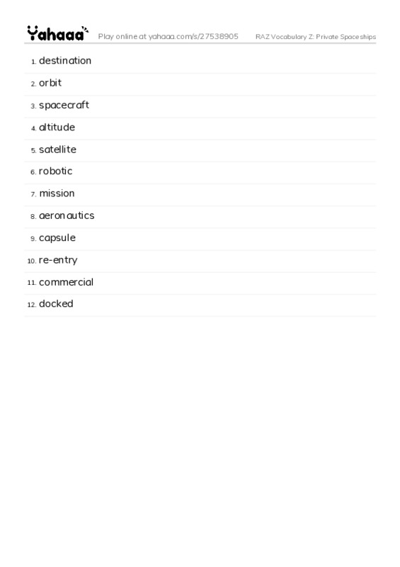 RAZ Vocabulary Z: Private Spaceships PDF words glossary