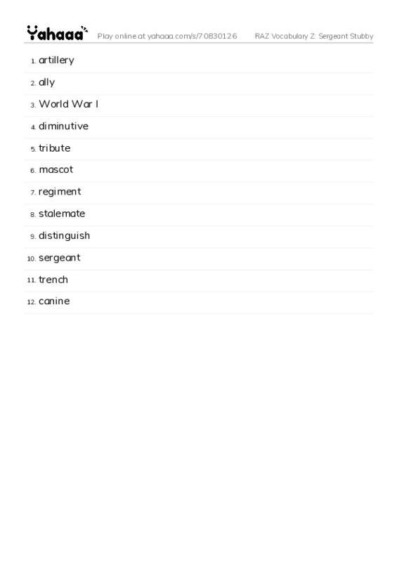 RAZ Vocabulary Z: Sergeant Stubby PDF words glossary
