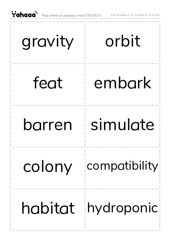 RAZ Vocabulary Z: So You Want To Go To Mars PDF two columns flashcards