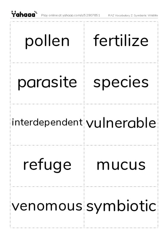 RAZ Vocabulary Z: Symbiotic Wildlife PDF two columns flashcards