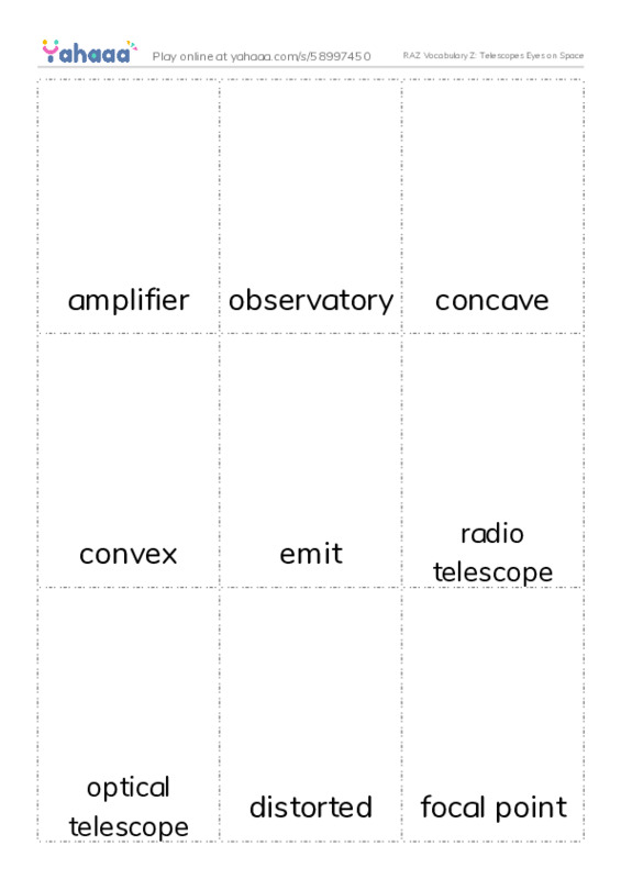 RAZ Vocabulary Z: Telescopes Eyes on Space PDF flaschards with images