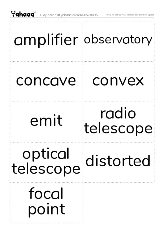 RAZ Vocabulary Z: Telescopes Eyes on Space PDF two columns flashcards