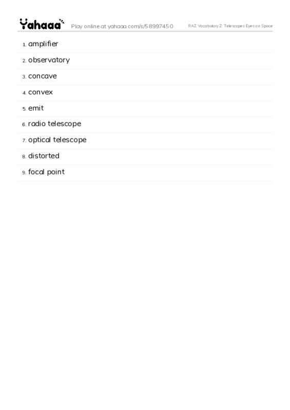 RAZ Vocabulary Z: Telescopes Eyes on Space PDF words glossary