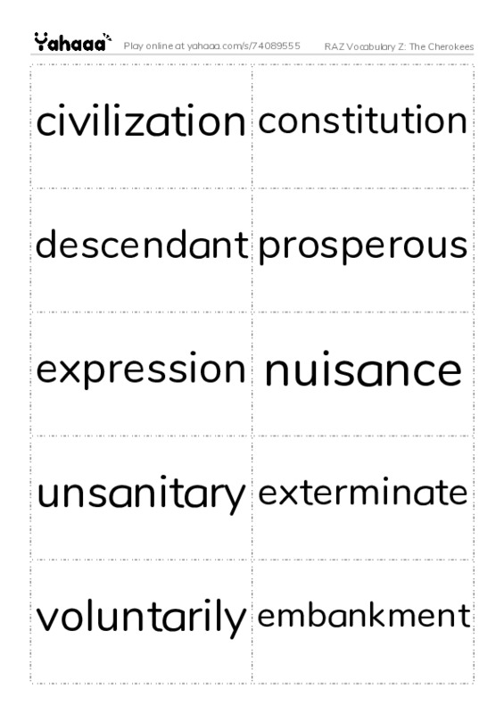 RAZ Vocabulary Z: The Cherokees PDF two columns flashcards