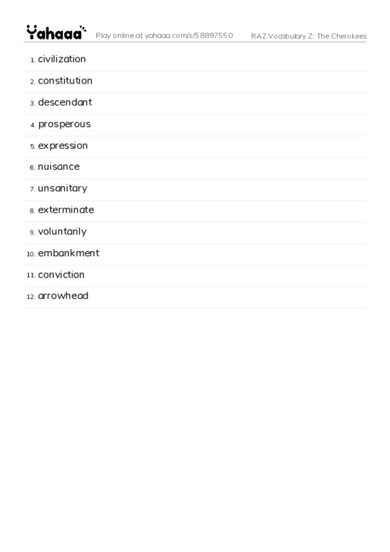 RAZ Vocabulary Z: The Cherokees PDF words glossary