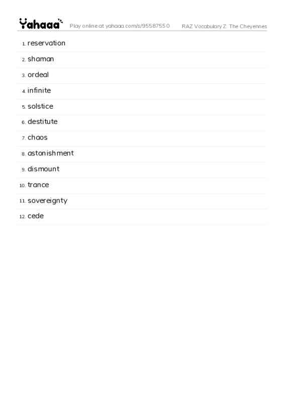 RAZ Vocabulary Z: The Cheyennes PDF words glossary