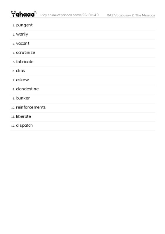 RAZ Vocabulary Z: The Message PDF words glossary