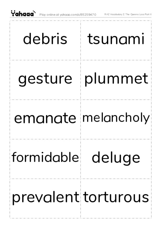 RAZ Vocabulary Z: The Queens Loss Part II PDF two columns flashcards