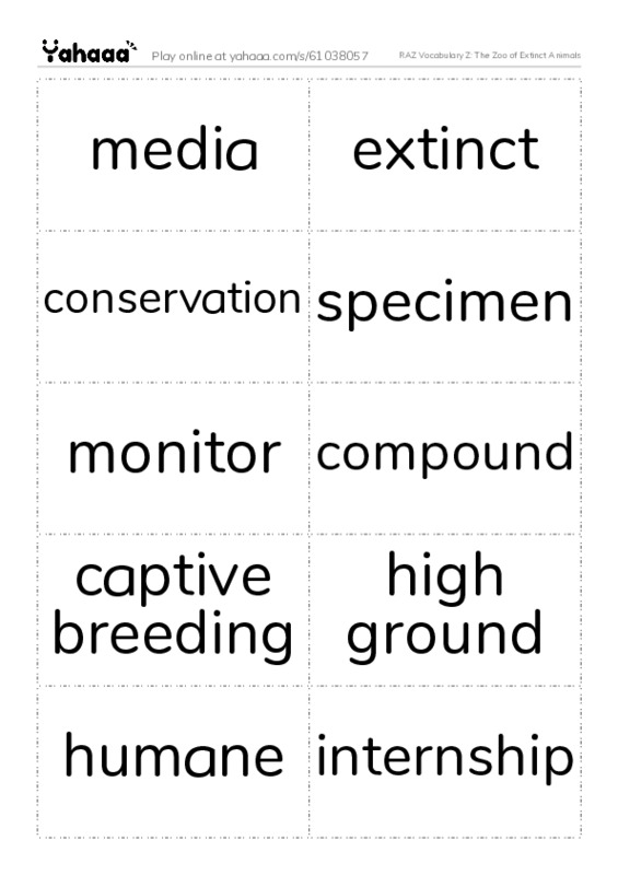 RAZ Vocabulary Z: The Zoo of Extinct Animals PDF two columns flashcards