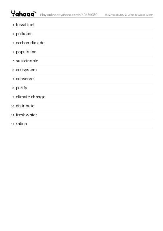 RAZ Vocabulary Z: What Is Water Worth PDF words glossary