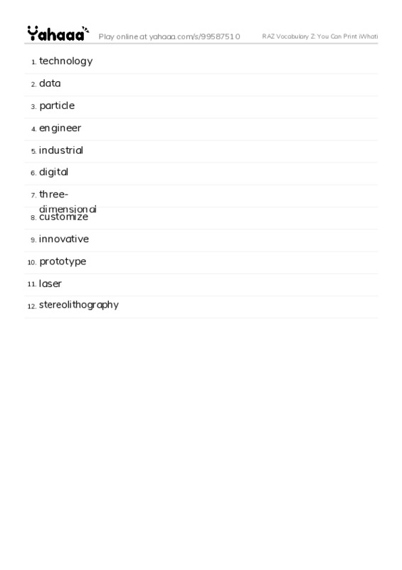 RAZ Vocabulary Z: You Can Print iWhati PDF words glossary