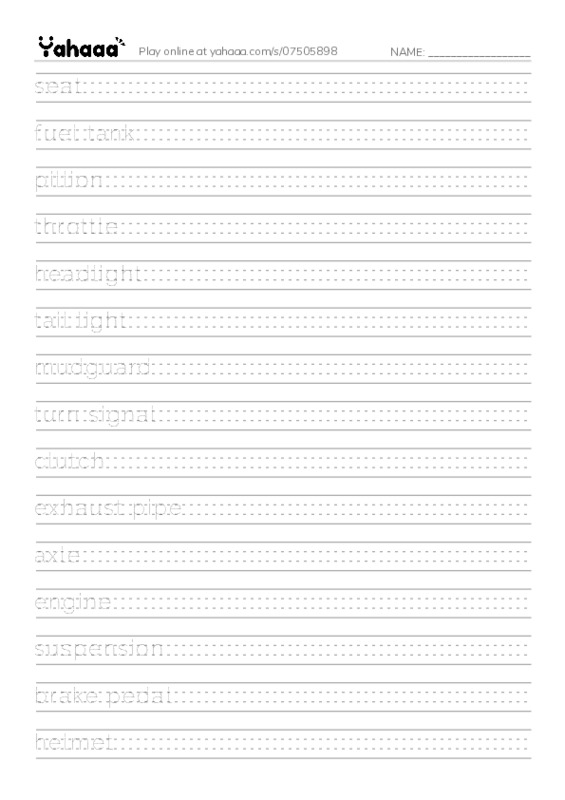 parts of motorcycle PDF write between the lines worksheet