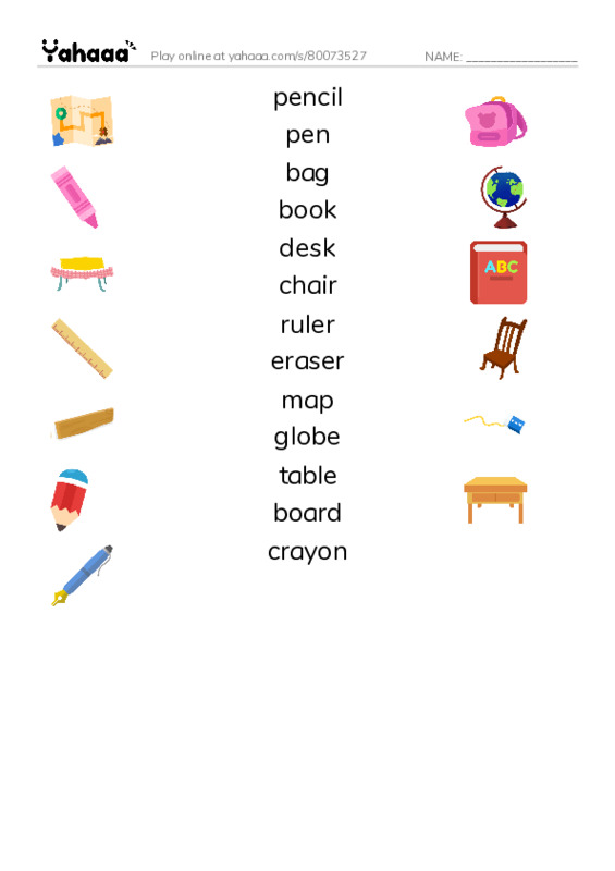Let's GO 1: Unit 1 Things for School PDF three columns match words