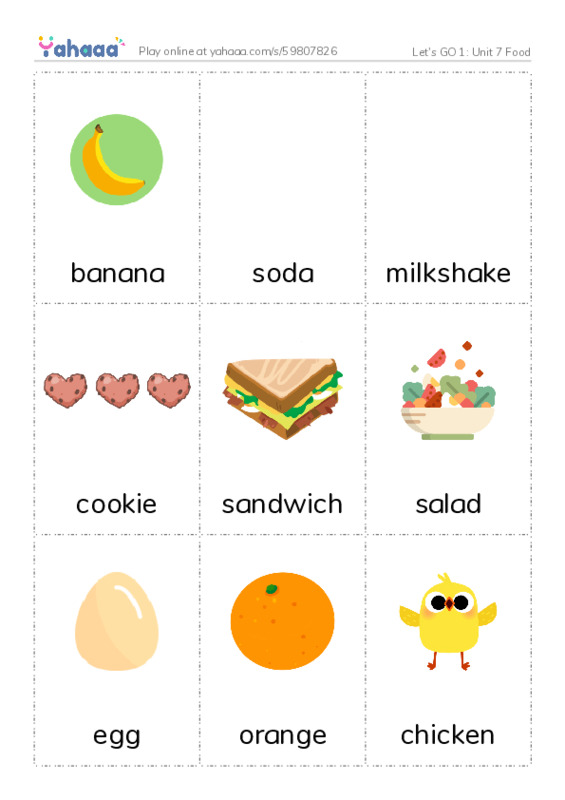 Let's GO 1: Unit 7 Food PDF flaschards with images
