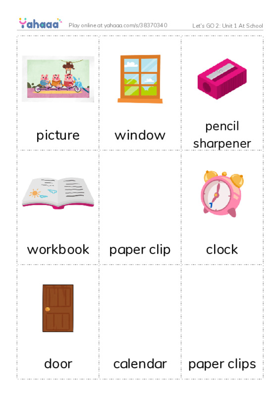 Let's GO 2: Unit 1 At School PDF flaschards with images