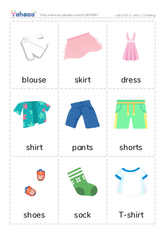 Let's GO 3: Unit 2 Clothing PDF flaschards with images