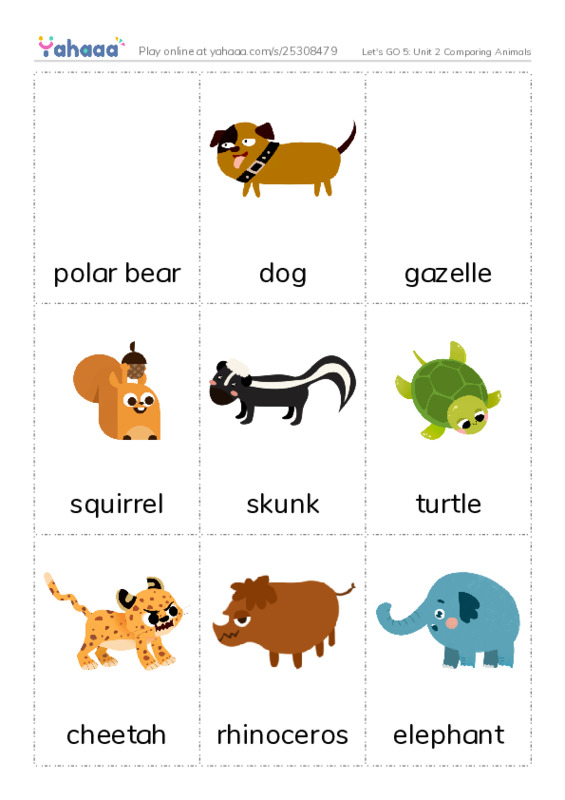 Let's GO 5: Unit 2 Comparing Animals PDF flaschards with images