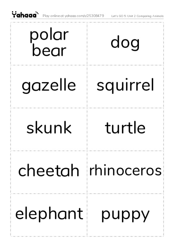 Let's GO 5: Unit 2 Comparing Animals PDF two columns flashcards