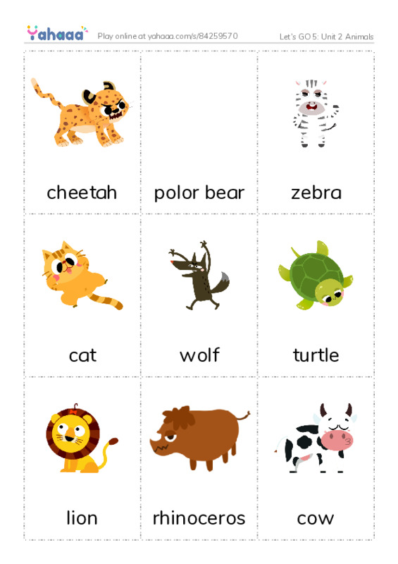 Let's GO 5: Unit 2 Animals PDF flaschards with images