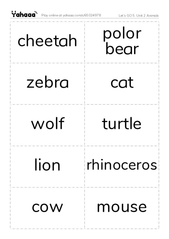 Let's GO 5: Unit 2 Animals PDF two columns flashcards