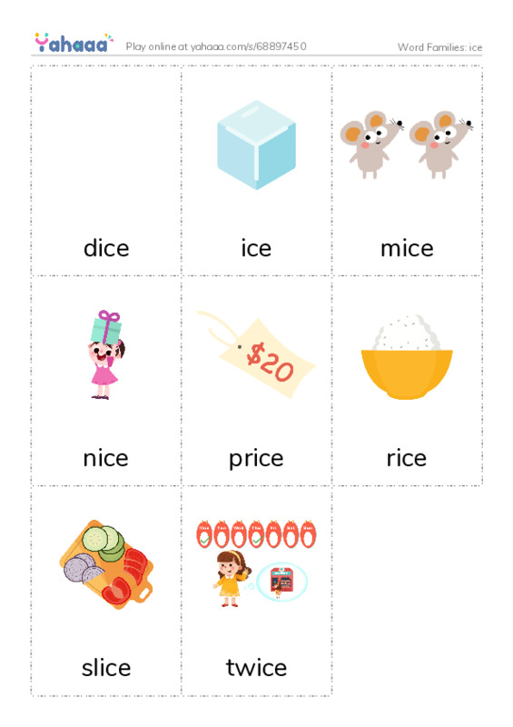 Word Families: ice PDF flaschards with images