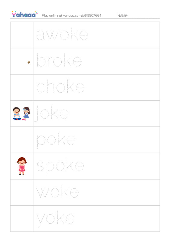 Word Families: oke PDF one column image words