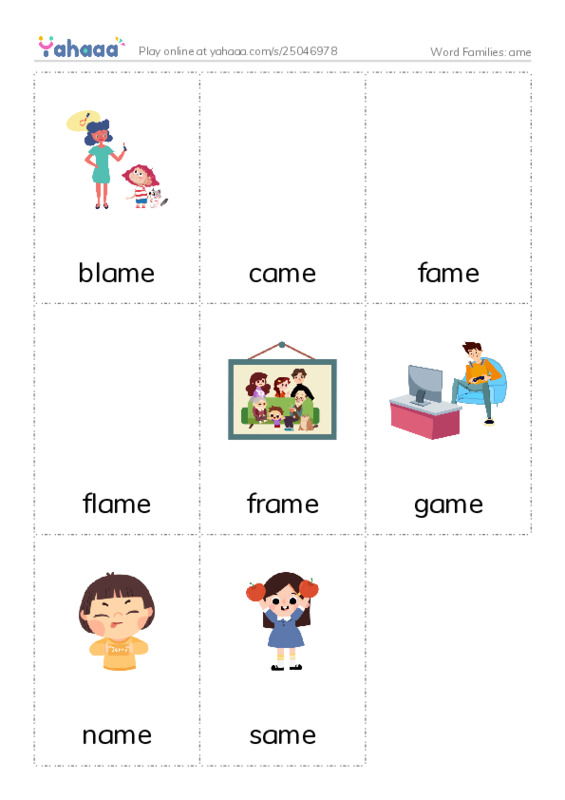 Word Families: ame PDF flaschards with images
