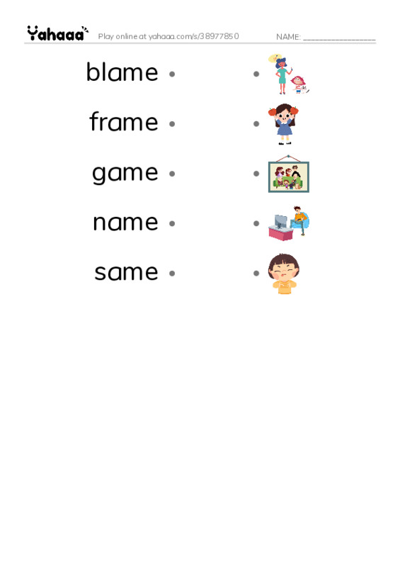 Word Families: ame PDF link match words worksheet