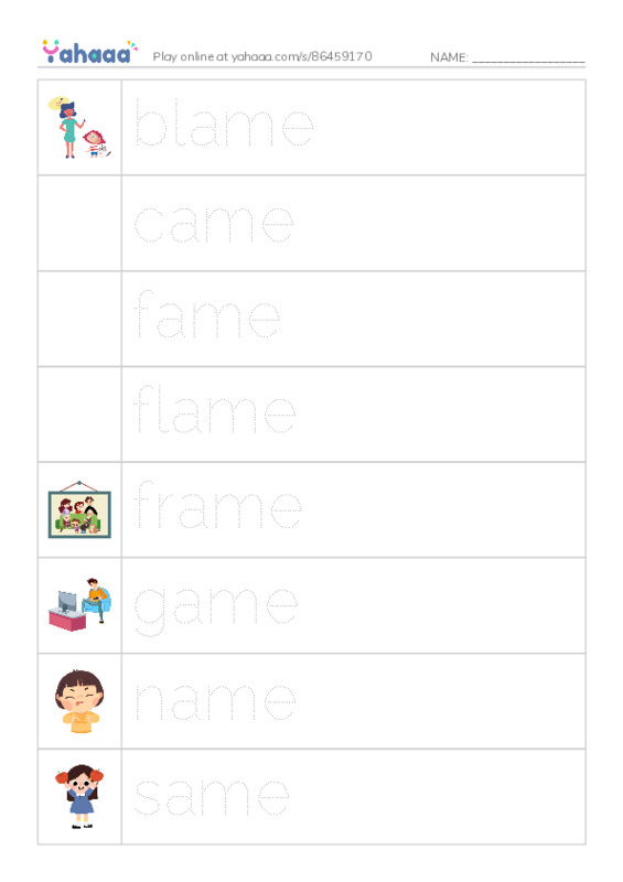 Word Families: ame PDF one column image words