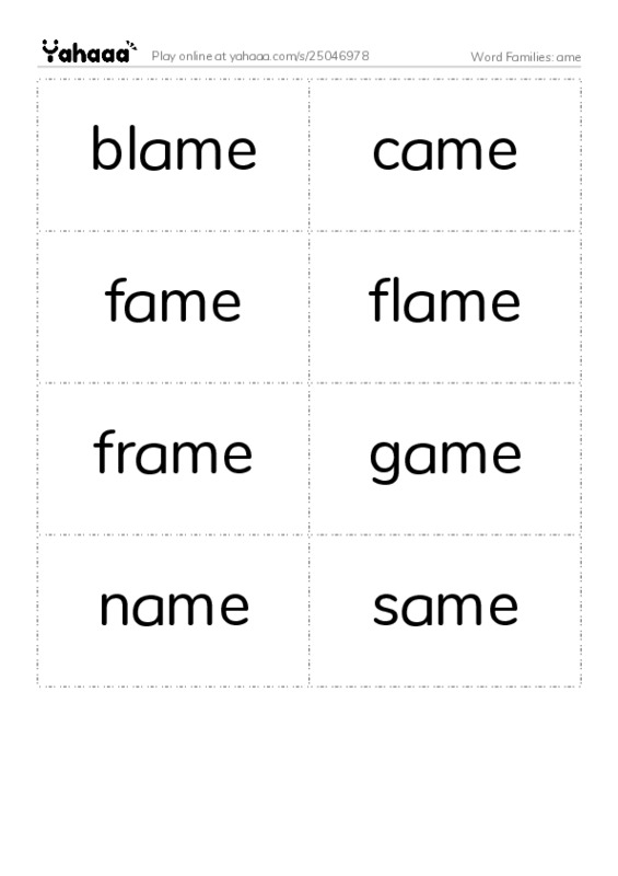 Word Families: ame PDF two columns flashcards
