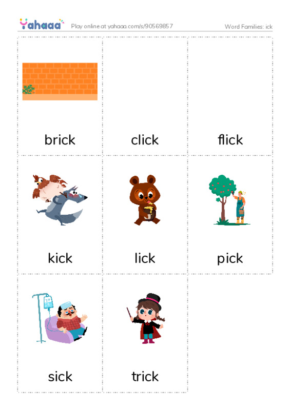 Word Families: ick PDF flaschards with images