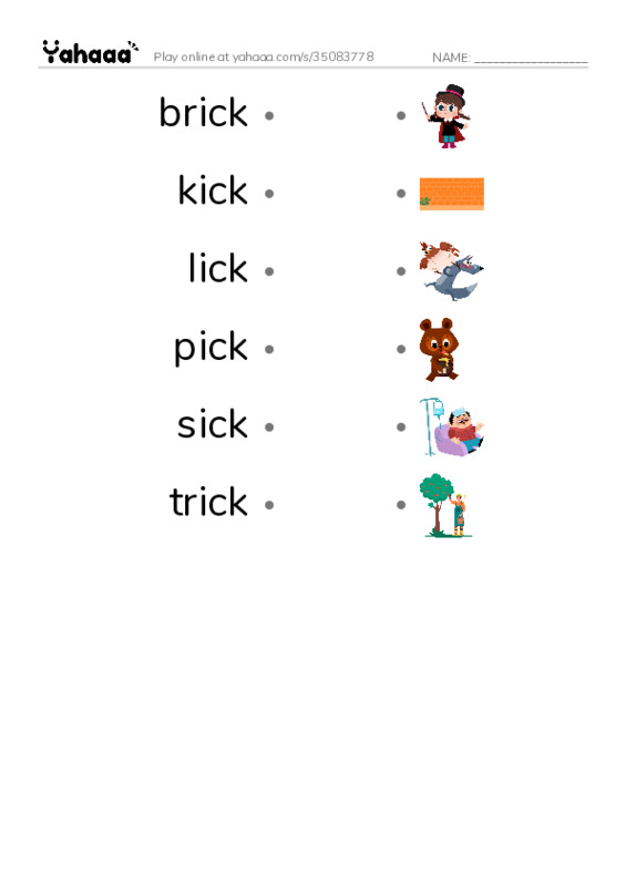 Word Families: ick PDF link match words worksheet