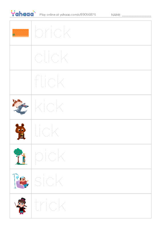 Word Families: ick PDF one column image words