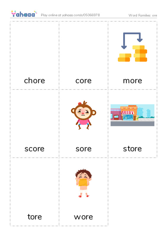 Word Families: ore PDF flaschards with images