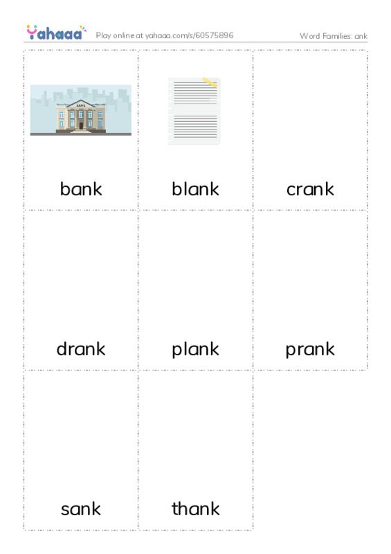Word Families: ank PDF flaschards with images