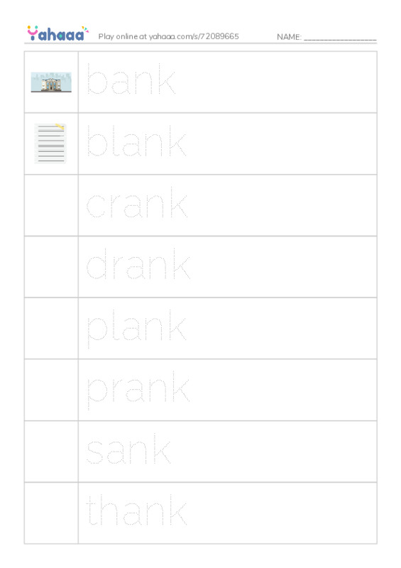 Word Families: ank PDF one column image words