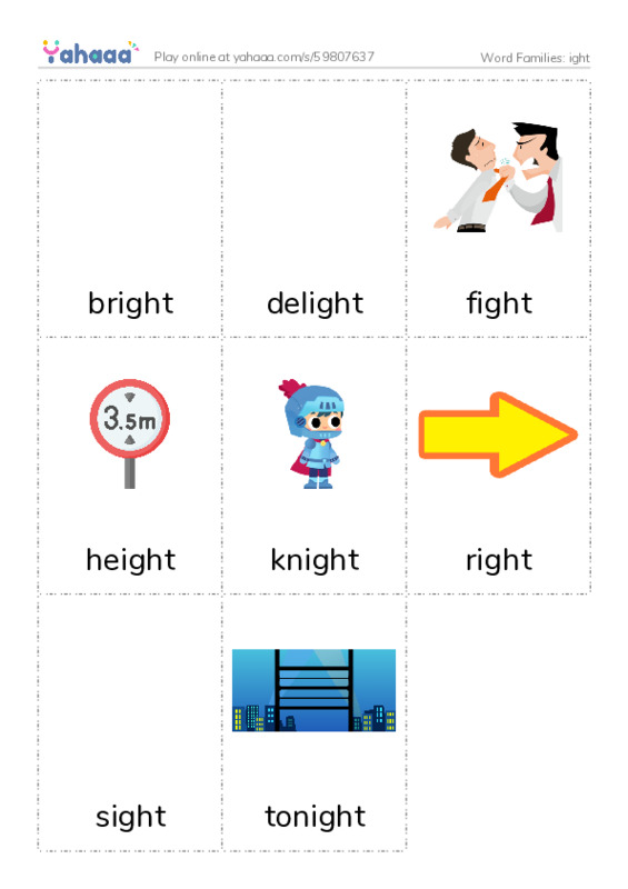 Word Families: ight PDF flaschards with images