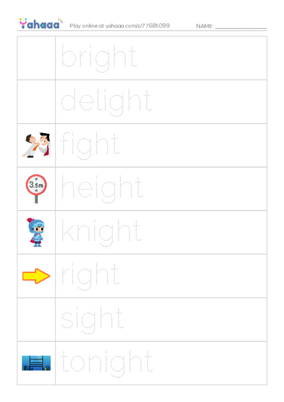 Word Families: ight PDF one column image words