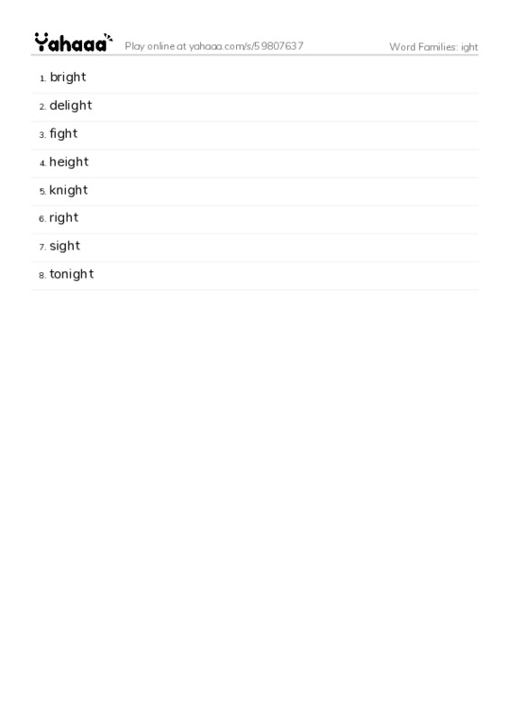 Word Families: ight PDF words glossary