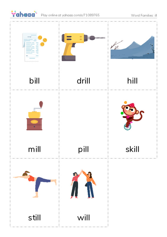 Word Families: ill PDF flaschards with images