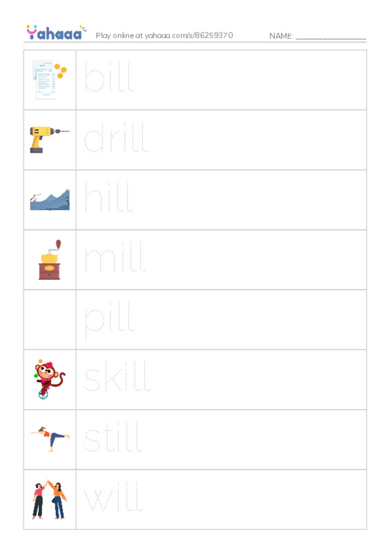 Word Families: ill PDF one column image words
