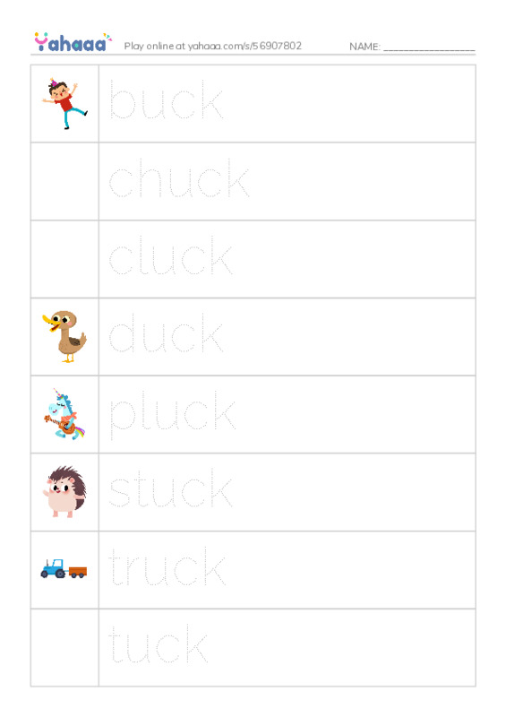 Word Families: uck PDF one column image words