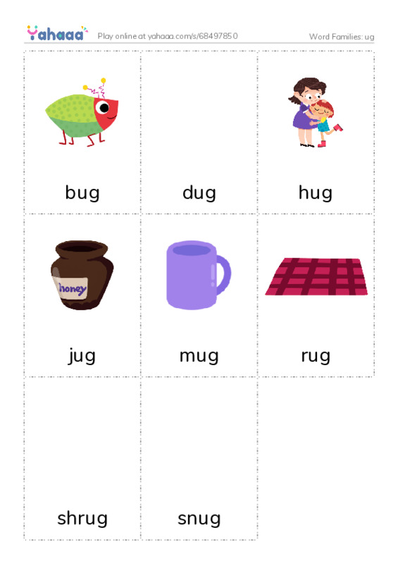 Word Families: ug PDF flaschards with images