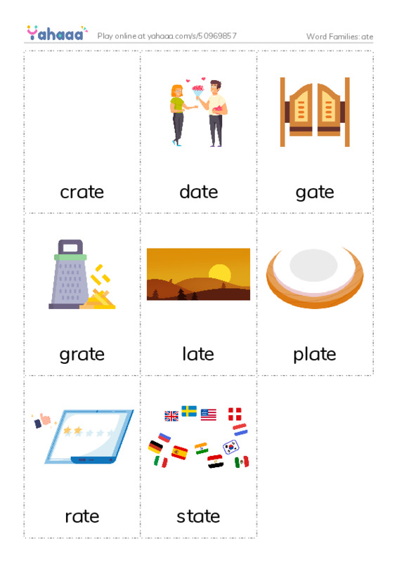 Word Families: ate PDF flaschards with images