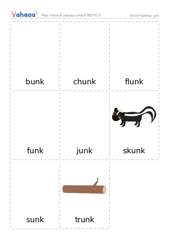 Word Families: unk PDF flaschards with images