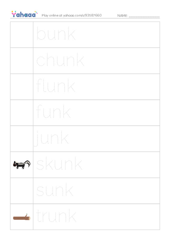 Word Families: unk PDF one column image words
