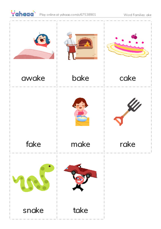 Word Families: ake PDF flaschards with images