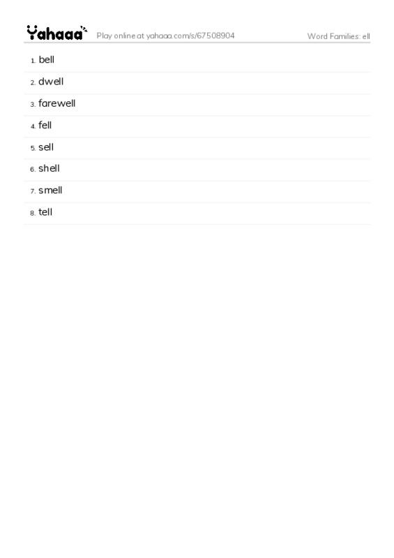 Word Families: ell PDF words glossary
