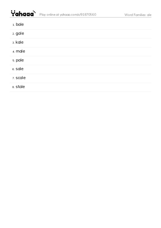Word Families: ale PDF words glossary