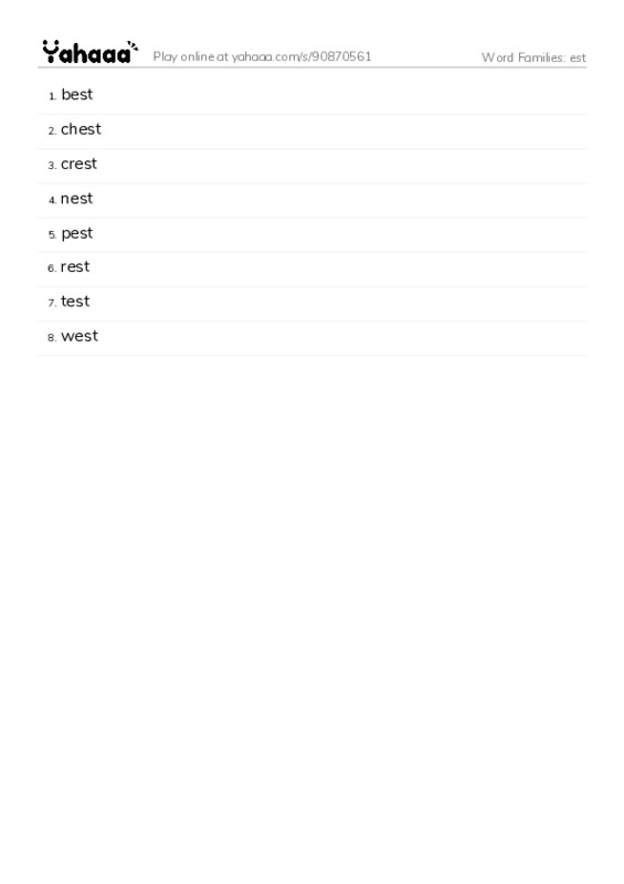 Word Families: est PDF words glossary